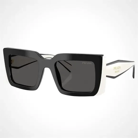 NEW PRADA Sunglasses Black White Talc Gold Symbole Logo Womens Rectangle - Picture 1 of 6